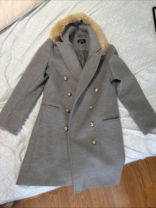 Topshop Jackets & Blazers - Top Shop Gray Double-Breasted Coat with removable Faux Fur Hood